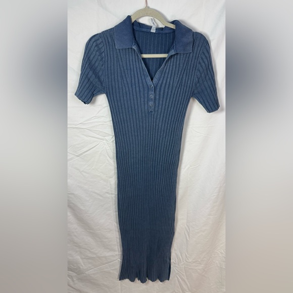 Daily Practice Ribbed Knit Polo Midi Dress Blue Short Sleeve M - Picture 2 of 8